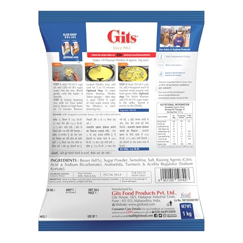 Image of Gits Instant Khaman Dhokla Snack Mix, Makes 120 Khaman Dhoklas, Pure Veg, Indian Snack Mix, 1Kg (Pack of 3)