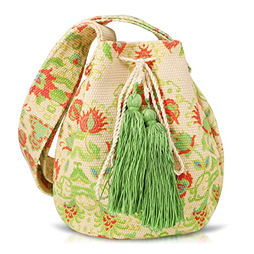 Crossbody Bags for Women, Canvas Tote Bag, Tassels Drawstring Bucket Bag, Bohemian Handbag, Large Capacity Travel Shoulder Bag
