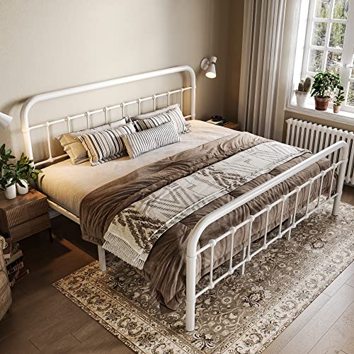 Image of Allewie King Size Metal Platform Bed Frame with Victorian Style Wrought Iron-Art Headboard /Footboard, No Box Spring Required, White