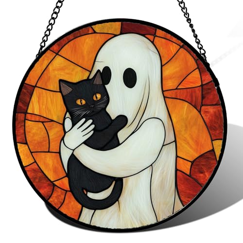 Image of Stained Glass Window Hanging - Halloween Decorations White Ghost Black Cat Suncatcher for Doors Garden Spooky Funny Orange Sun Catchers Gothic Decor Horror Gifts for Women Men Friend 9.8 in