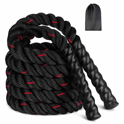Schweres Springseil,Fitnessseil,Battle Ropes Schlachtseil,280CM/0,6kg Gewichtetes Springseil,Trainingsseil mit Trainingsposte für Kraftaufbau, Muskeltraining und Ganzkörperfitness (Schwarz Rot)