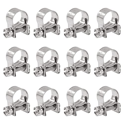Glarks 12Pack 10-12mm Stainless Steel Mini Fuel Injection Hose Clamps Adjustable Pipe Hose Clip Tube Clamps Set (13/32''-15/32'' Dia)