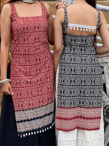 Image of Women's Sleeveless Ajrak Print Kurti, Pure Cotton Straight Fit Straight Cambric Jaipuri Printed Kurti