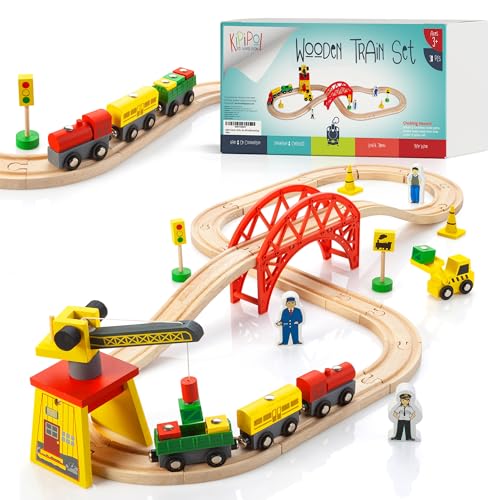 Image of KipiPol Wooden Train Sets for Boys 2-4-7 - 38 Pcs Wood Train Set for Toddlers w /Crane, Bridge & Wooden Train Tracks - Train Toys for 3 Year Old Boys & Girls - Fits Thomas Brio IKEA Melissa and Doug