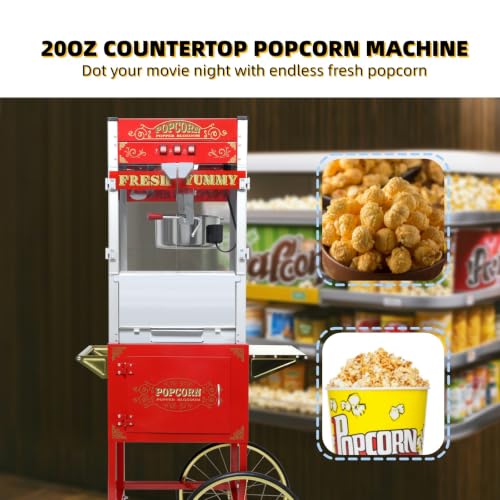 Image of Popcorn Machine with Cart, 20 Oz Kettle, Vintage Popcorn Maker with Storage Cabinet Scoop, Oil Spoon & 3-Switch Control, Movie Theater Style Popper for Commercial Home, Red