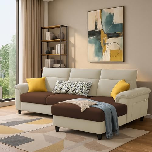 Image of Casaliving Seams RHS 4 Seater L Shape Sofa for Living Room (Cream Brown Fabric) Premium Fabric Sofa