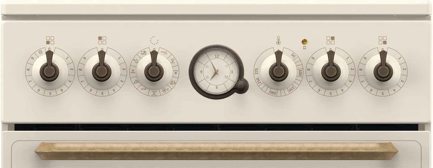 Close-up of the control panel with rotary knobs and analog clock