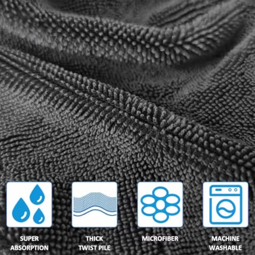 Image of 1200 GSM Microfiber Car Cleaning Cloth - Grey, Twisted Loop, Edgeless, Plush Pile Towel for Car Wash, Drying & Auto Detailing (Large 60cm x 40cm) (Black)