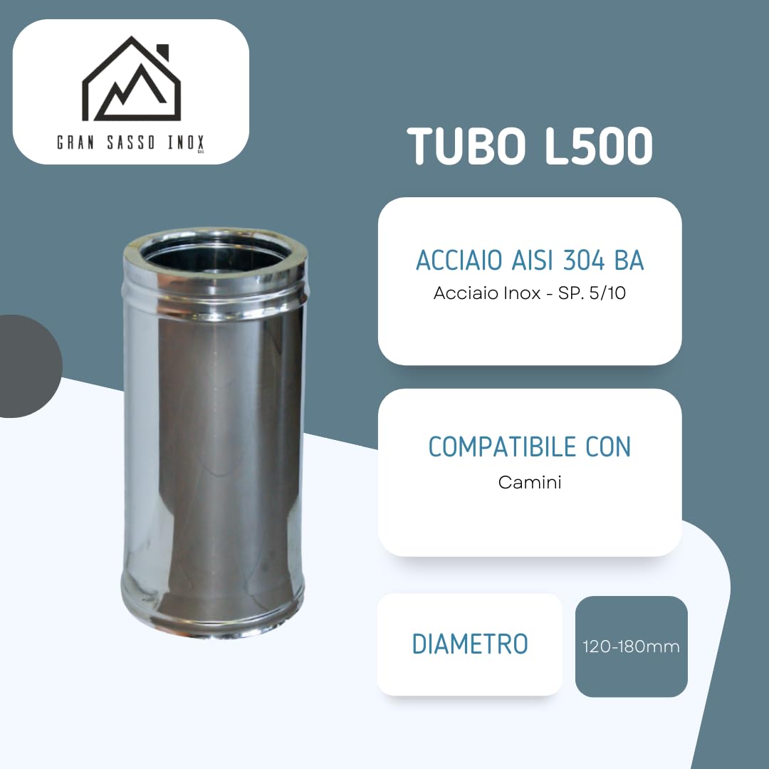 Tubo Coibentato Doppia Parete in Lana di Roccia - in Acciaio Inox AISI 304 BA SP. 5/10 – per Camini - Lunghezza 500 mm – Diametro 120-180 mm