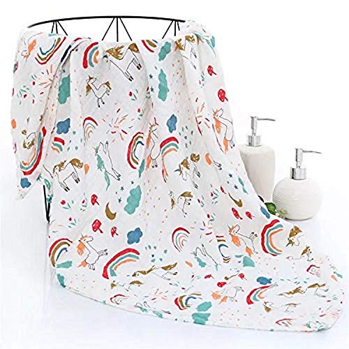 Image of Kassy Pop Printed 6 Layer Bamboo Muslin Blanket Cum Swaddling Towel for Baby, Toddlers | 70% Bamboo, 30% Cotton | AC Quilt, Multi-Purpose Blanket | Toxin Free | 110cm x 110cm (Rainbow Print)