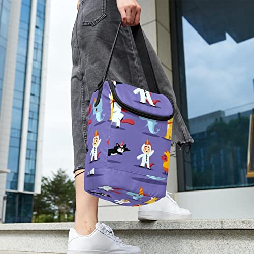 Bolsa de almuerzo morada con unicornio y cremallera para oficina 7