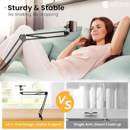 Elfora Adjustable Overhead Mobile Phone Holder with Long Arm for Video Recording, Streaming, Office Use, Cooking, Crafting Videos Compatible with Devices Up to 4-7 Inches (Black) - Image 5