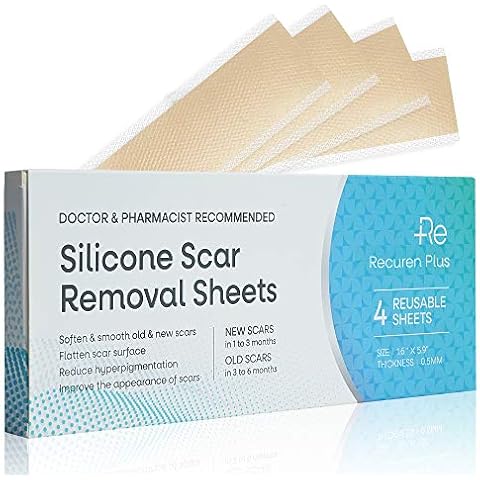 Recuren Plus Silicone Scar Removal Sheets, Scar Prevention and Treatment, Double Thick Adhesive, Fast & Effective on C-Section, Hypertrophic and Surgical Scars, Reusable and Washable, 4 Sheets Cover