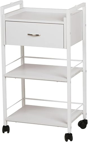 Buy-Rite Jenny Carrito de salón – Carrito utilitario rodante de 3 niveles para spas, esteticistas y salones, organizador de madera blanca con cajón,