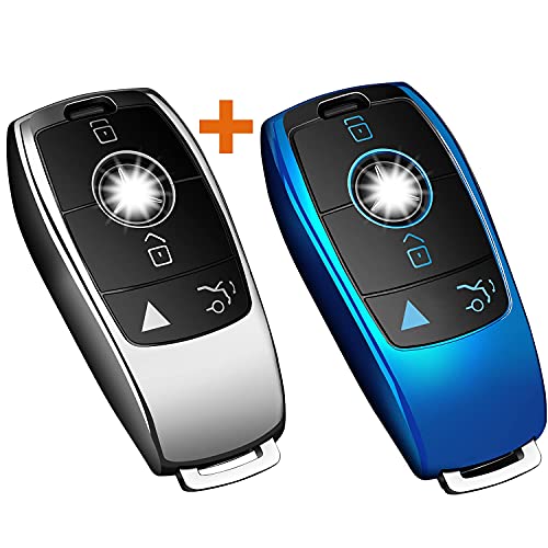 2-Pack Tukellen for Mercedes Benz Key fob Cover,Special Soft TPU Key Case Protector Compatible with Mercedes Benz 2017-2021 E-Class 2018-2021 S-Class 2019-2021 A-Class C-Class G-Class-Silver+Blue