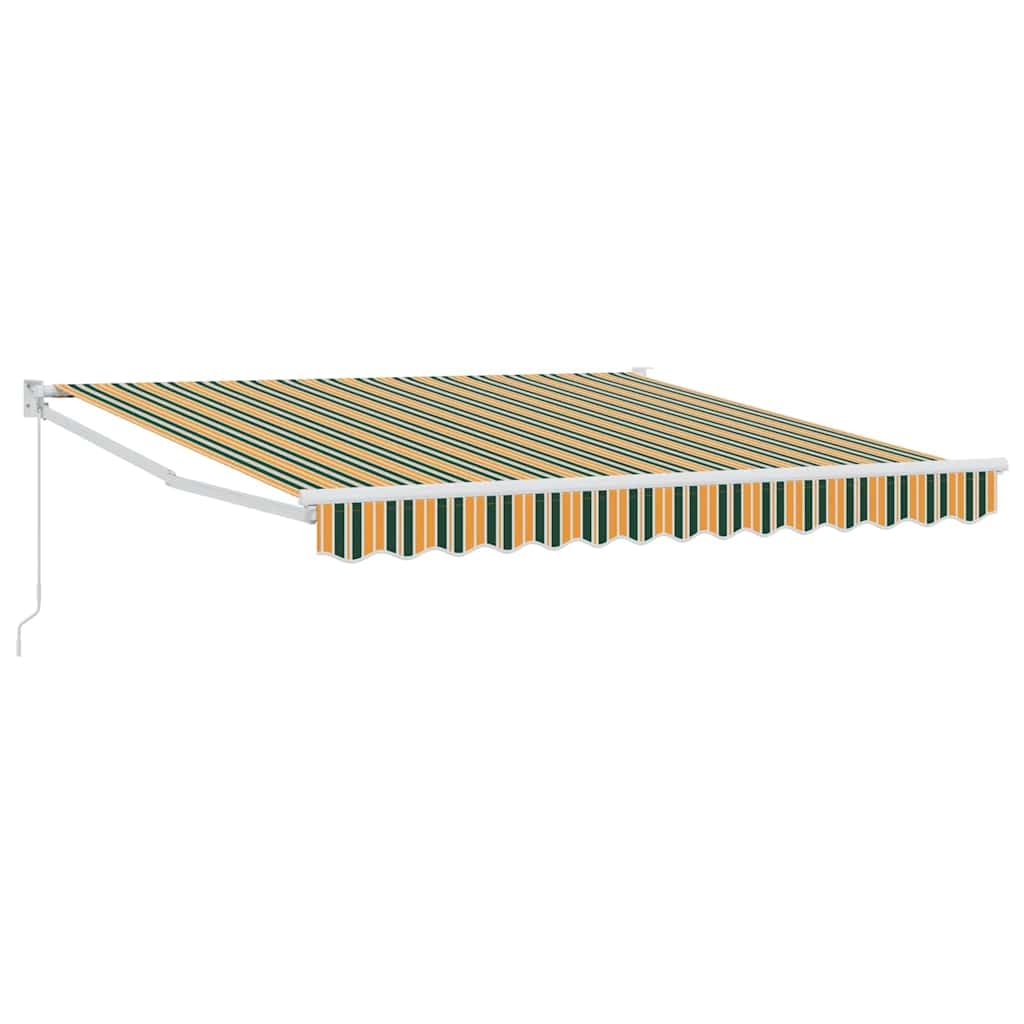 LKJephalotrope 10x8ft Retractable Patio Awning, Manual Striped Polyester | Features green and yellow stripes with a sturdy frame, providing adjustable shade for backyard decks, gardens, and patios.