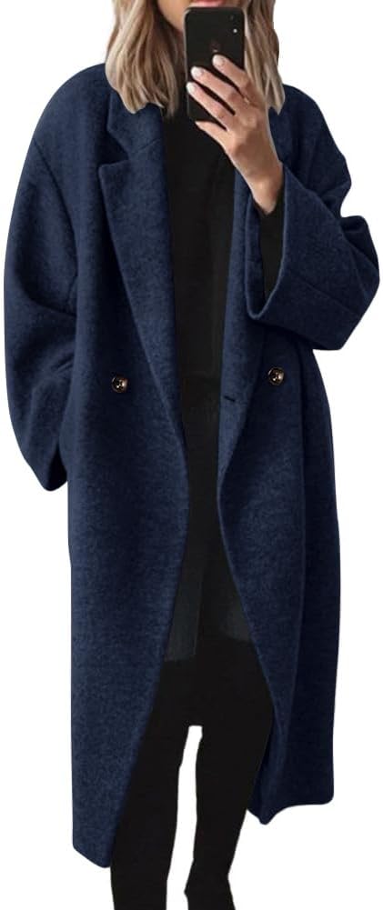 chouyatou Women's Winter Double Breasted Wool Coat Long Sleeve Notch Lapel Long Trench Coat