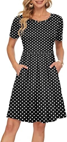 AUSELILY Women's Short Sleeve Pleated Loose Swing Casual Dress with Pockets Knee Length 2023(2XL,Black Dots)