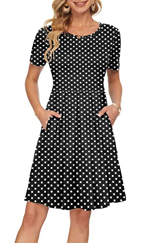 Auselily Women's Short Sleeve Pleated Loose Swing Casual Dress With Pockets Knee Length 2023(2Xl,Black Dots) #TOP3