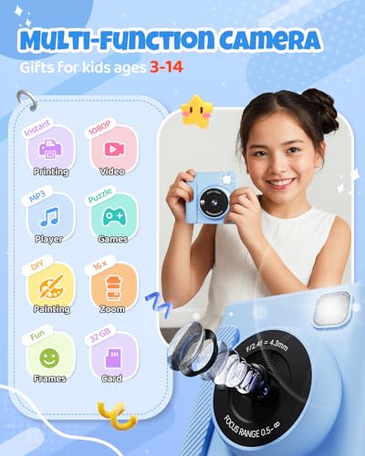 Image of TIATUA Kids Instant Print Camera, 1080P HD Video Digital Toy, Blue | Includes 32GB Card, 3 Rolls Paper & 5 Coloured Pens, Inkless Print, 16x Zoom, Christmas Birthday Toy Gift for Kids 3-14