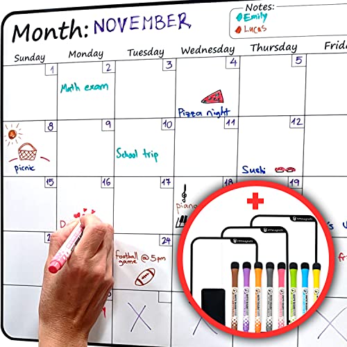 Large Dry-Erase Magnetic Monthly Calendar + Free Bonus: 3 Grocery/to-Do List Whiteboards (Organizer/Planner) for Kitchen Fridge - Full Set: 8 Markers + Eraser | Stain Free | Horizontal