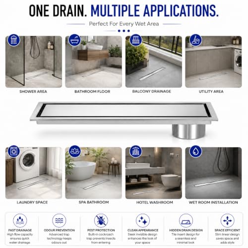 Image of ZAP 12 Inch Tile Insert Stainless Steel Floor Drain with Cockroach Trap, Side Outlet and Collar | Linear Shower Drain Channel for Bathroom, Balcony and Kitchen | Chrome Finish