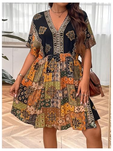 Image of MakeMeChic Women's Plus Size Boho Dress Half Sleeve Flowy Sundress V Neck Summer Short Dresses