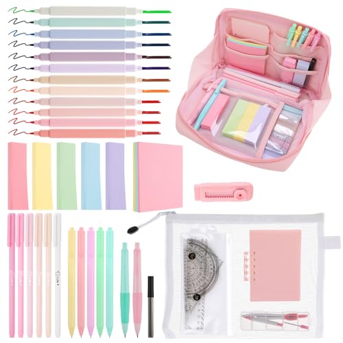 Candcamp 34 Pcs Aesthetic Filled Pencil Case with Stationery Included Large Pencil Case Set Pink Stationery for Elementary Secondary College Back to School Supplies