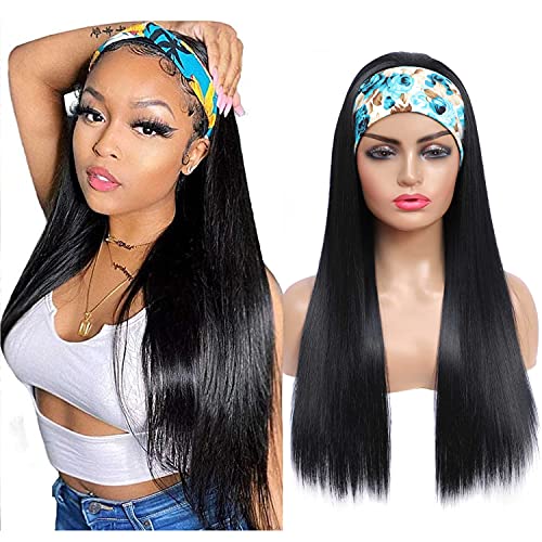SHINYSHOW Headband Wig for Black Women Synthetic Black Straight Wig with Band Attached