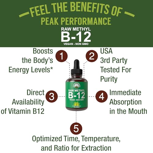 Raw Methyl B12 Liquid Drops for Men + Women: High Bioavailability Sublingual Fast Acting Vegan B12 Vitamin Supplement  
