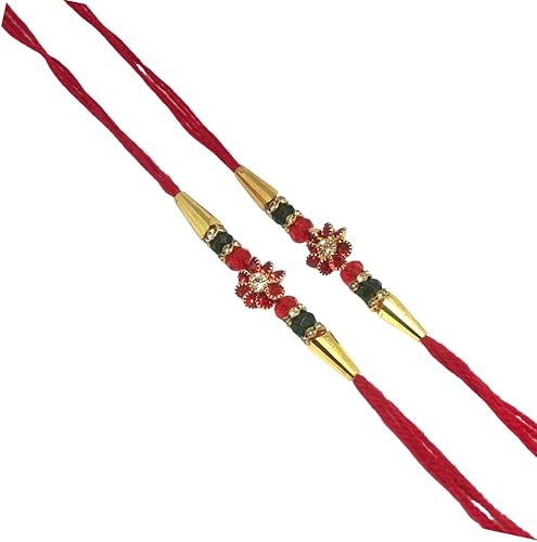 Rakhi para hermano pequeño, regalos de Raksha Bandhan, colgante de flor roja con cristal rojo-verde con anillos de piedra, hilo Rakhi, color - Juego