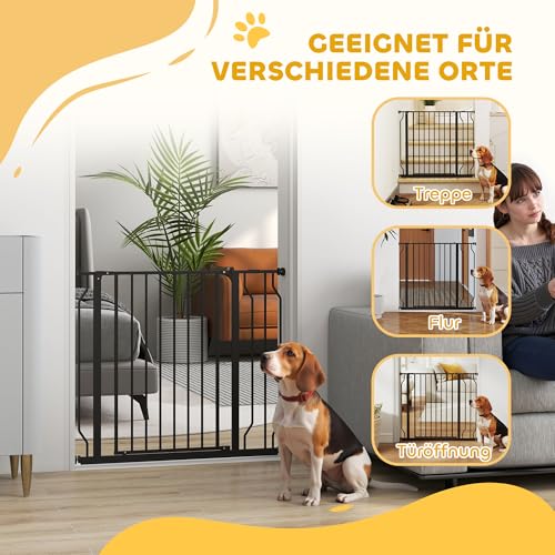 PawHut Türschutzgitter Treppenschutzgitter mit 10 cm Verlängerung Türgitter ohne Bohren Treppengitter für Breiten 75-95 cm Beidseitige Einhand Öffnung Schwenkbar Stahl Schwarz