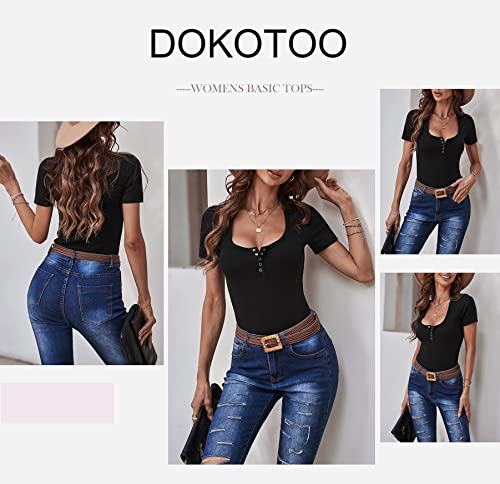 Dokotoo Women's Summer T-Shirts Basic Button Down Sexy Low Cut Scoop Neck Solid Color Tight Slim Fit Short Sleeve Henley T Shirts Casual Stretch Blouse For Women Plain Tee Tunic Tops Black M #TOP2