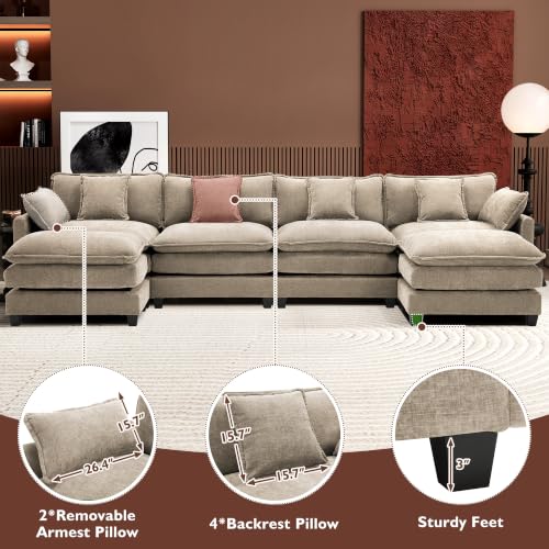 Image of Ihanherry 146 inch U-Shaped Modern Sofa Modular Sectional Luxurious and Comfortable with 2 Ottoman, 6-Seat Chenille Deep Seat Sofa with 6 Pillows for Living Room, Bedroom and Apartment, Sand