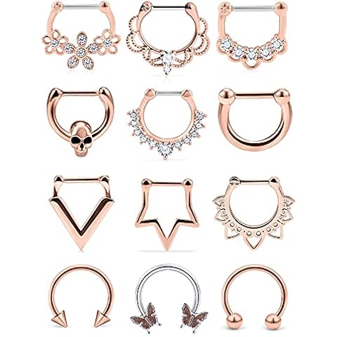 Ocptiy Butterfly Septum Piercing Jewelry 16G Septum Clicker Horseshoe Barbell Stainless Steel Septum Nose Rings Hoop Piercing Jewelry for Men Women 10mm 8pcs, Metal, cubic-zirconia Cover