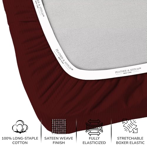 Image of Feather & Stitch 500 TC Split King Size Sheet Set, 5 Piece Sheets Set-2 Twin Fitted Sheet, 1 King Flat Sheet & 2 King Pillowcases, 18 inch Deep Pockets Sateen Weave Striped Bedsheet - (Burgundy Stripe)