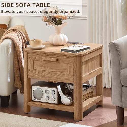 Image of Joaxswe Farmhouse Night Stand Set of 2 with Charging Station, Wood Bed Side Tables Bedroom Set of 2 with Drawer & Open Storage Shelf, Brown