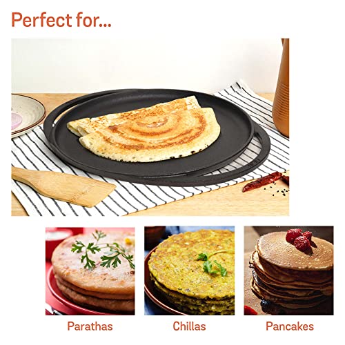 Image of Meyer Pre-Seasoned Cast Iron Flat Dosa /Roti /Chapati Tawa Pan with 2 Side Handle, Dosa Kallu, Iron Tawa Big Size | Gas and Induction Compatible | 30cm, Black