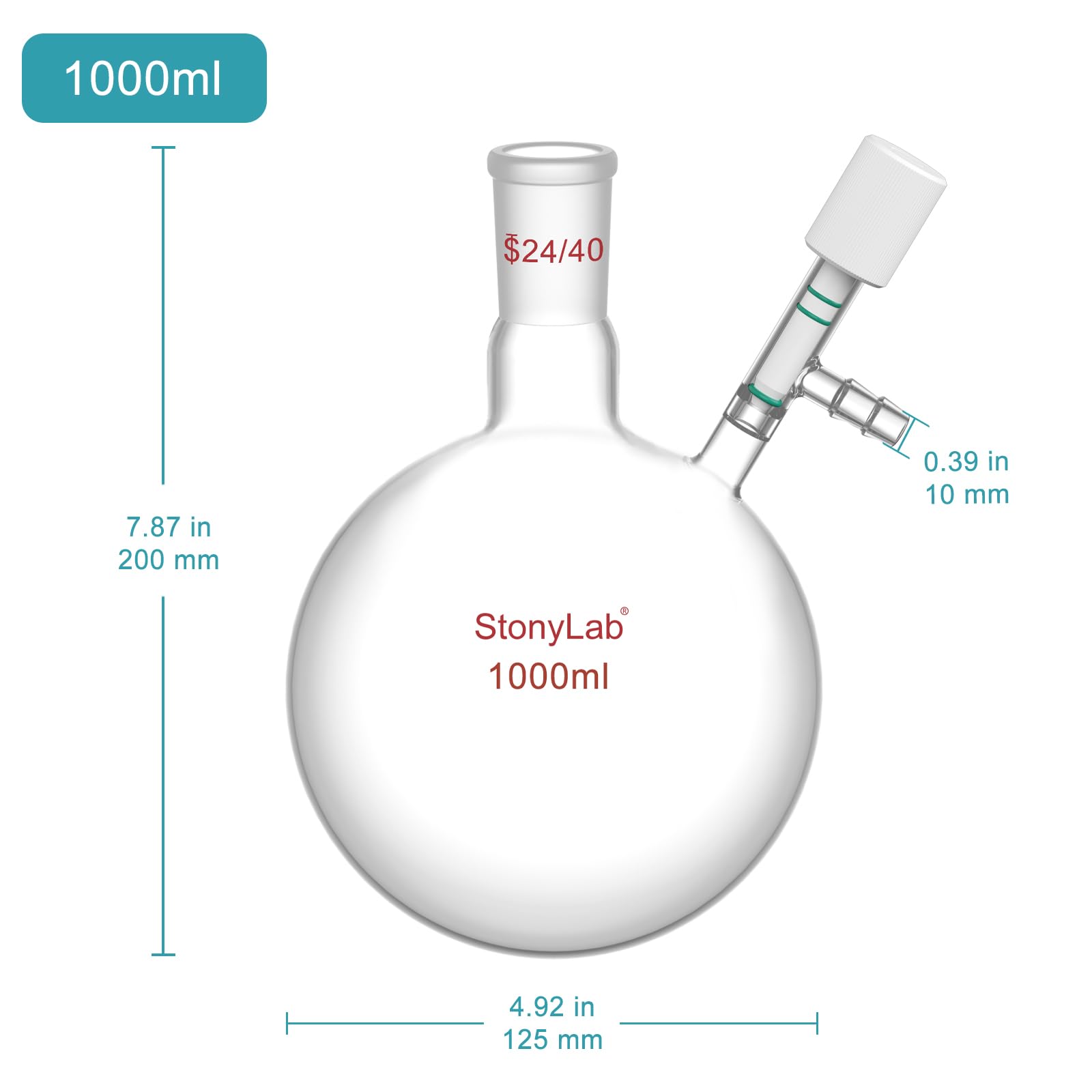 stonylab Vetro Matraccio di Schlenk, 24/40 Giunto Reazione Senza Aria Pallone Schlenk a Fondo Tondo a Parete Pesante, Round Bottom Schlenk Flask con Valvola per Vuoto Alto 0-4 mm, 1000ml