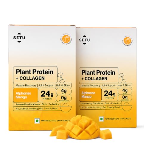 Image of Setu Plant Protein + Veg Collagen | 24g Protein with Glutathione & Biotin | Pea & Rice Isolate | For Muscle, Skin & Hair | Protein Powder for Men & Women | Alphonso Mango Flavour | (Pack of 12 Single Serve Sachets)