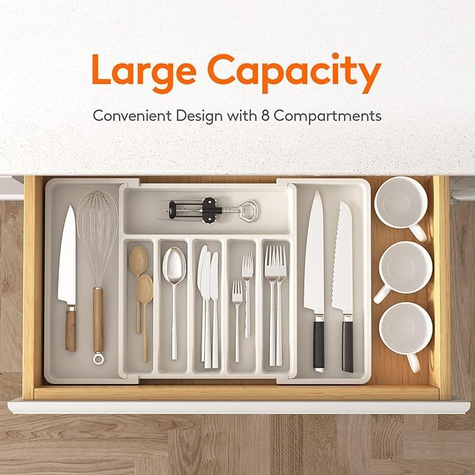 Image of Aroja Silverware Drawer Organizer, Expandable Utensil Tray for Kitchen, BPA Free Flatware and Cutlery Holder, Adjustable Plastic Storage for Spoons Forks Knives, Large