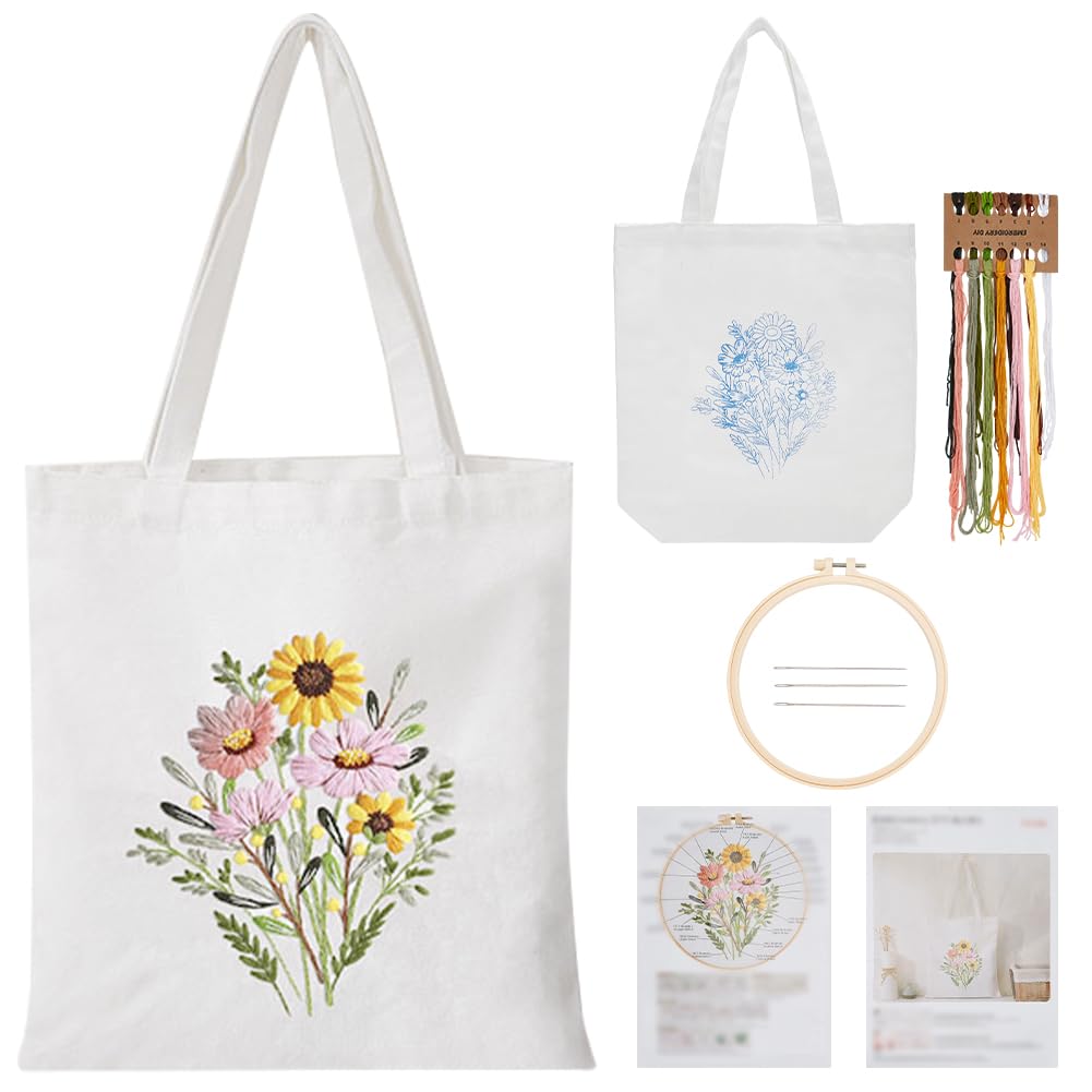 FREEBLOSS Canvas Tote Bag Embroidery Kit for Beginners White Embroidery Tote Bag Kit Daisy Canvas Bag Hand Stitch Embroidery Tote Bag Kit with Hoop and Floss, Instructions Included