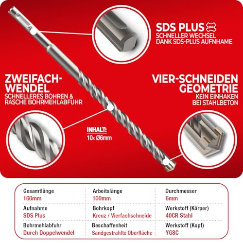 SCHWABENBACH® SDS PLUS set svrdla za beton 10 komada. Ø 6 mm x 160 mm - profesionalna bušilica za beton, armirani beton, zidove i prirodni kamen - vrhunska kvaliteta za udarnu bušilicu (bez SDS MAX)