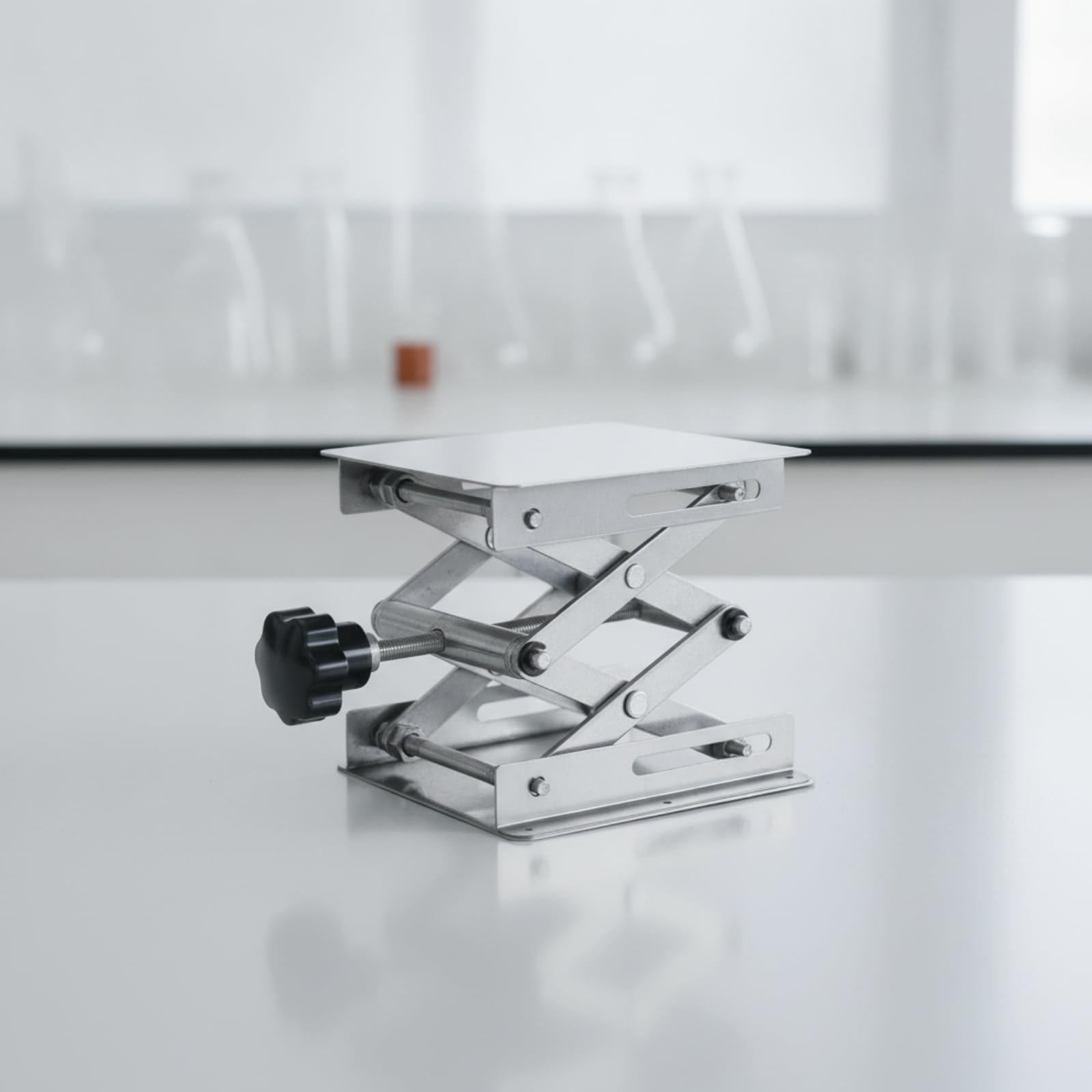 de Elevación Manual Soporte Elevador Mesa Tijera Regulador Altura Base Ajustable en Acero Inoxidable con Perilla Ergonómica Apta para Laboratorio Banco de Trabajo Investigación, 150 150mm
