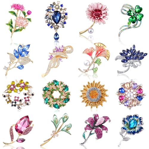 Image of Sasylvia 16 Pcs Women Brooch Set Rhinestone Vintage Animal Insect Plant Pins Brooches Bulk for Christmas Women Girls Gifts