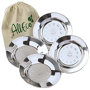 AllEco® Edelstahl Camping Teller Set 4 Stk. tief 22cm Ø Picknick & Camping Geschirr Set 4 Personen Metall…