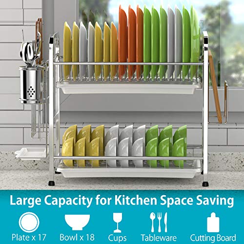 Dish Rack, Cambond 304 Stainless Steel 2 Tier Dish Drying Rack with Drain Board, Utensil Holder, Cutting Board Holder, Rustproof Dish Drainer for Kitchen Countertop, Silver - Thumbnail 7