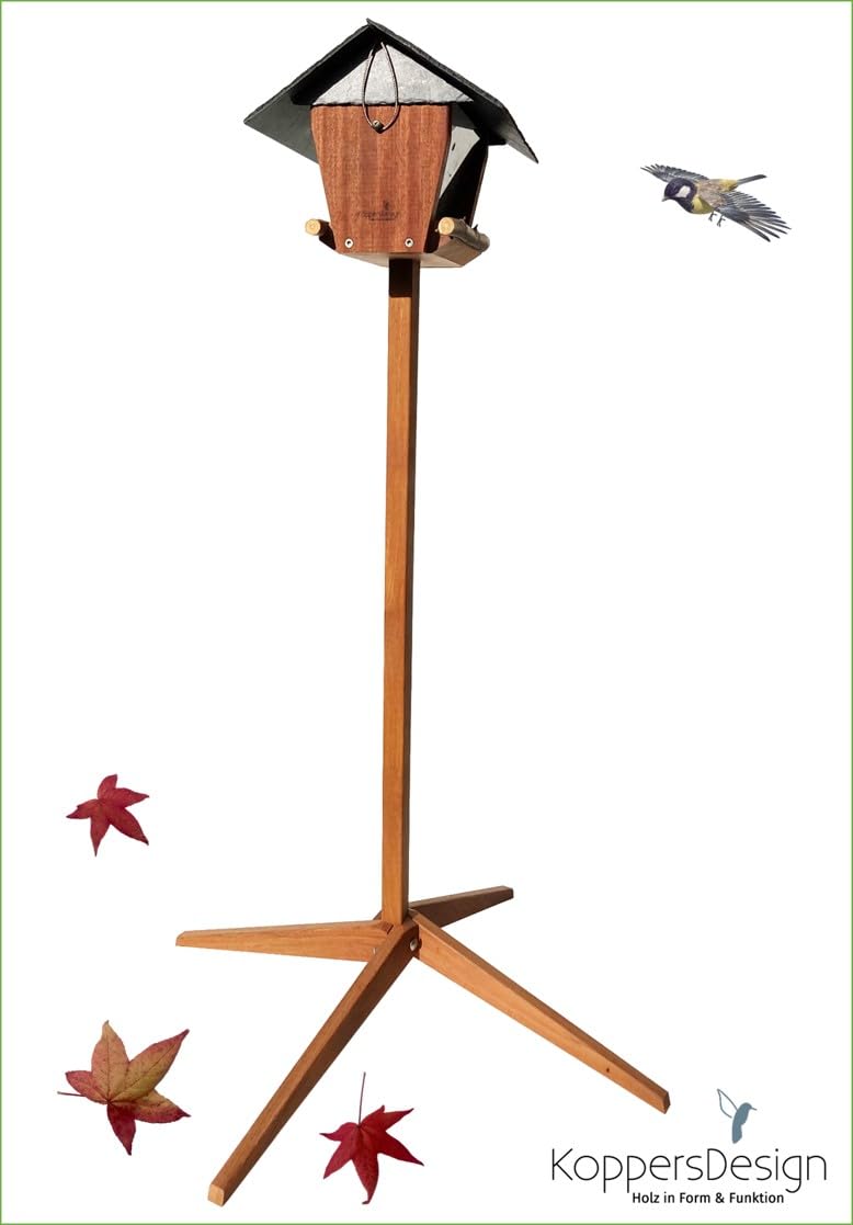 Bergisches Vogelhaus KoppersDesign, mit Ständer, Silo Vogelfutterhaus, wetterfest, FSC zertifiziertes Holz, Schieferdach, Vogelfutterstation, Terrasse oder Balkon, sehr standfest, Zwei Futterkammern