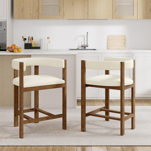 Christopher Knight Home Set de 2 Butacos Modernos Tapizados de Tela Altura Mostrador para Comedor, Taburetes de Madera de Caucho para Isla de Cocina, Sillones con Reposapiés y Respaldo Curvo, Beige y Nogal miniatura 1