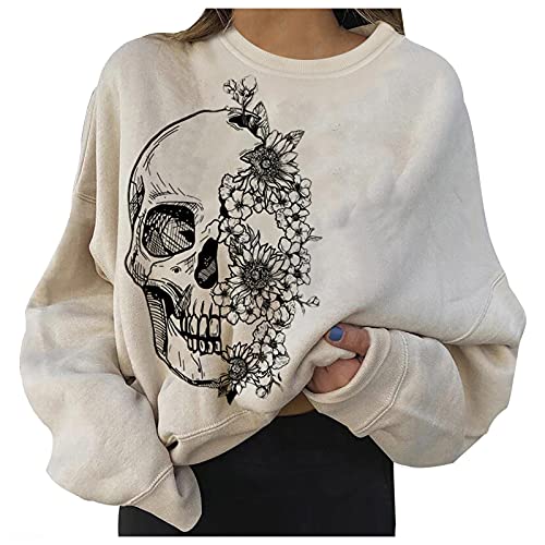 MaNMaNing Sweat Femme Impression Veste Ouverte Sweat-Shirts d'halloween pour Femmes à Manches Longues et col Rond avec tête de Mort Sweat Halloween Femme